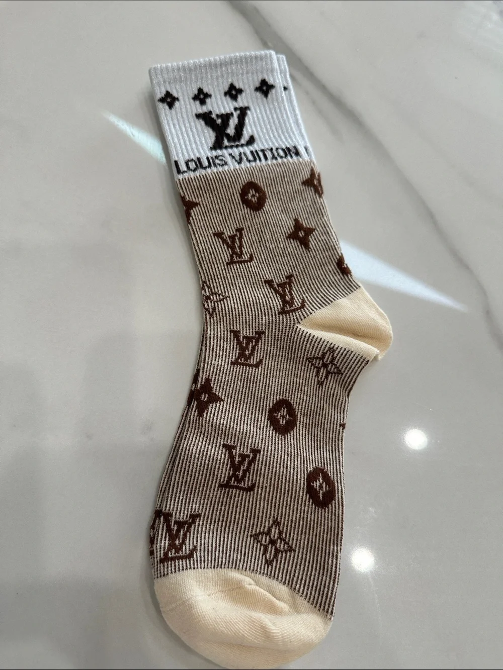 Brown and Cream Monogram Crew Socks